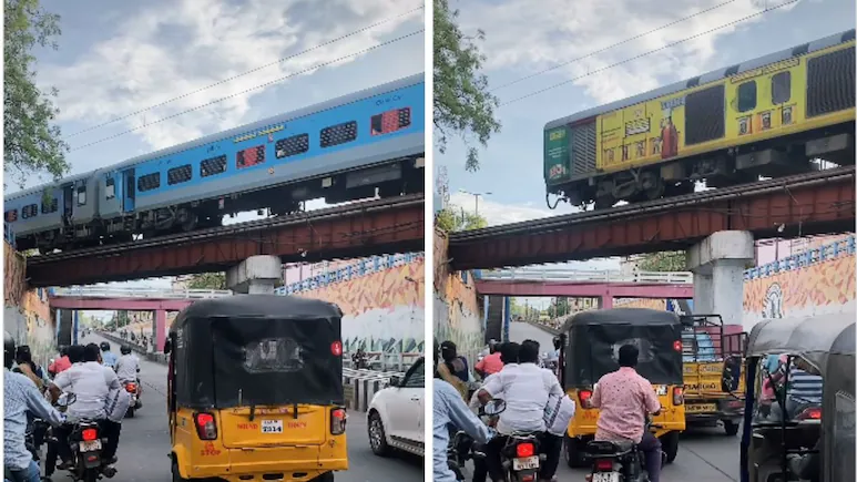 कहीं पीला ना कर दे गीला… ऊपर ब्रिज पर चल रही थी ट्रेन, नीचे सड़क पर रुक गया पूरा ट्रैफिक